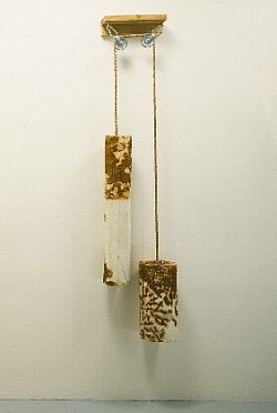  Centum-Satem, 1996, rust-stained canvas, wood, rope, pulleys, 17 